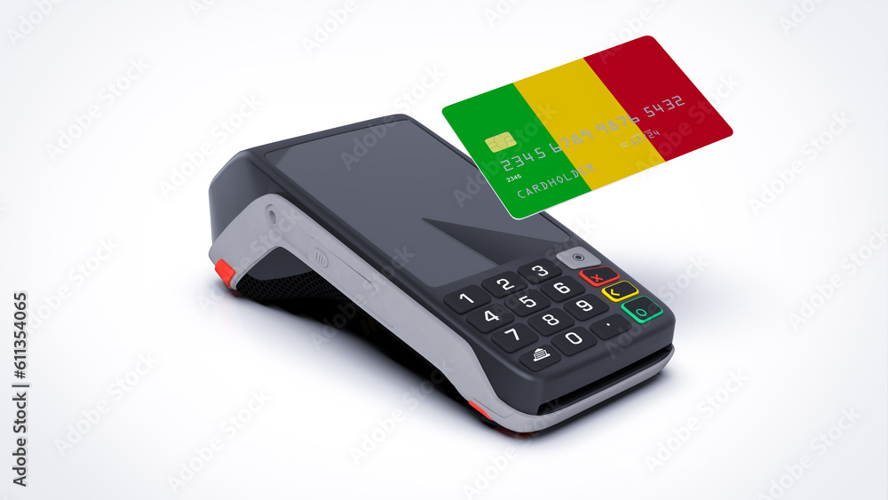 Mali country national flag on credit bank card with POS point of sale terminal payment isolated on white background with empty space 3d rendering image realistic mockup Mali country national flag on credit bank card with POS point of sale terminal payment isolated on white background with empty space 3d rendering image realistic mockup
