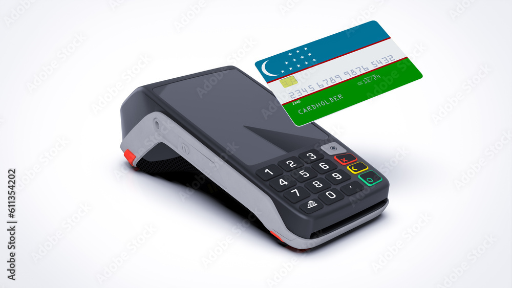Uzbekistan country national flag on credit bank card with POS point of sale terminal payment isolated on white background with empty space 3d rendering image realistic mockup Uzbekistan country national flag on credit bank card with POS point of sale terminal payment isolated on white background with empty space 3d rendering image realistic mockup