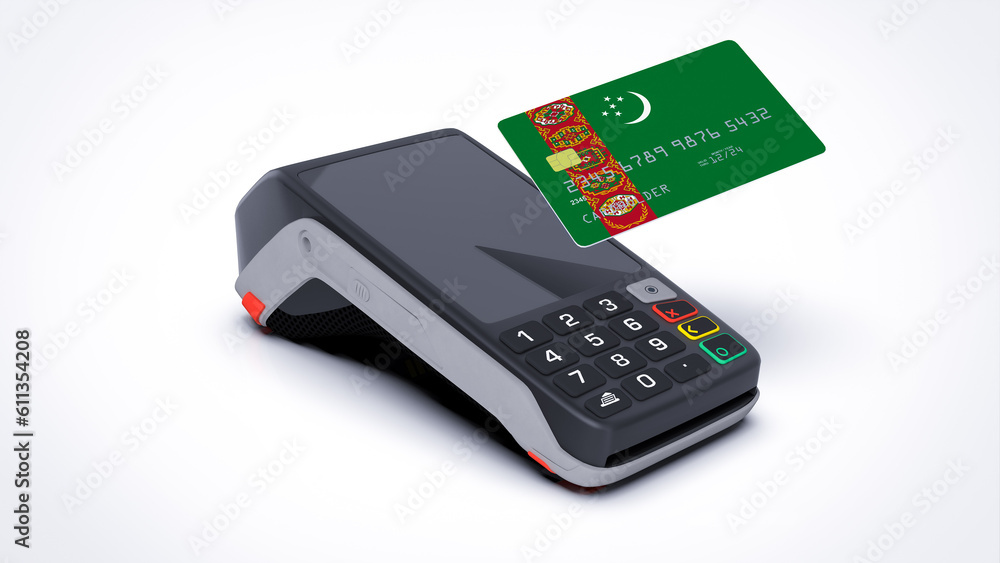 Turkmenistan country national flag on credit bank card with POS point of sale terminal payment isolated on white background with empty space 3d rendering image realistic mockup