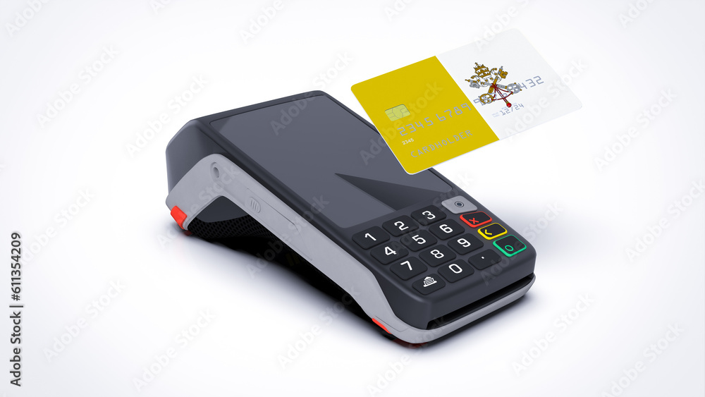 Vatican country national flag on credit bank card with POS point of sale terminal payment isolated on white background with empty space 3d rendering image realistic mockup Vatican country national flag on credit bank card with POS point of sale terminal payment isolated on white background with empty space 3d rendering image realistic mockup