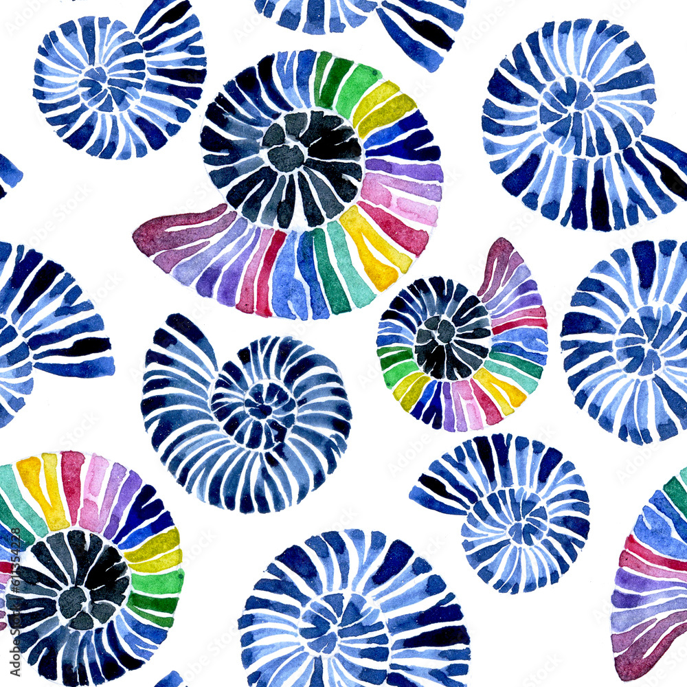 watercolor seamless pattern on a marine theme. bluer sea shells on a white background. abstract print
