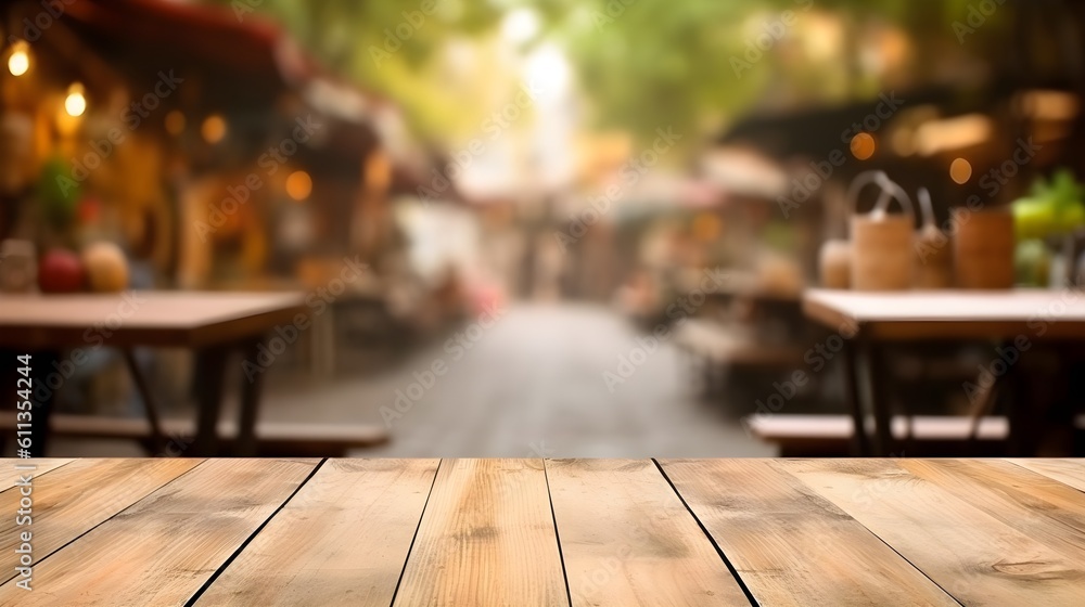 Empty Table for Product Display with a Blurred Outdoor Local Market Background - Generative AI