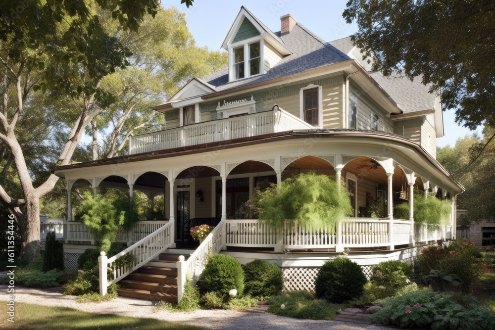 traditional home with wraparound porch and wooden railing, created with generative ai