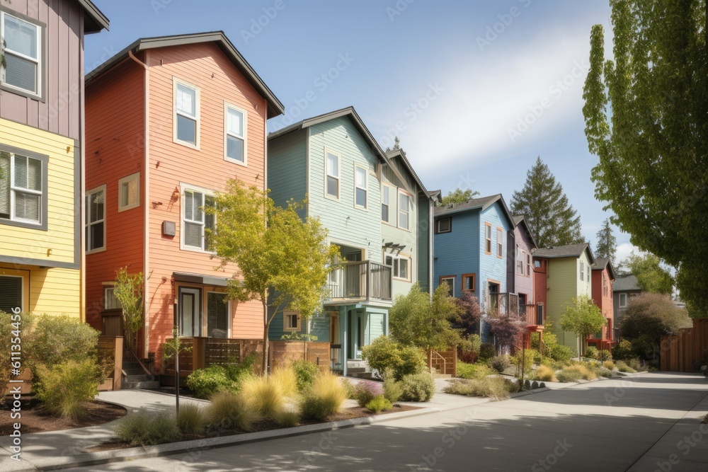 cluster of homes in a close-knit neighborhood, with diverse exterior designs and colors, created with generative ai