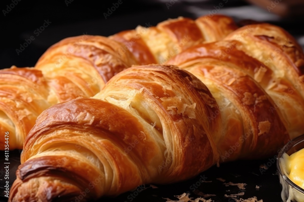 braid of croissants with flaky layers, glistening with golden butter, created with generative ai