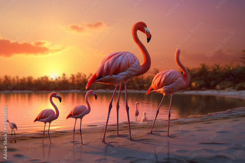 Fototapeta premium Flamingo Images: Discover the Grace and Beauty of Pink Flamingos in Nature! Explore the Fascinating World of Flamingos in the Wild and at the Zoo. Admire the Vibrant Colors, Long Necks, Generative Ai