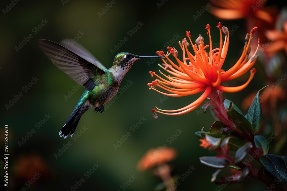 Fototapeta premium hummingbird hovering over exotic flower, created with generative ai
