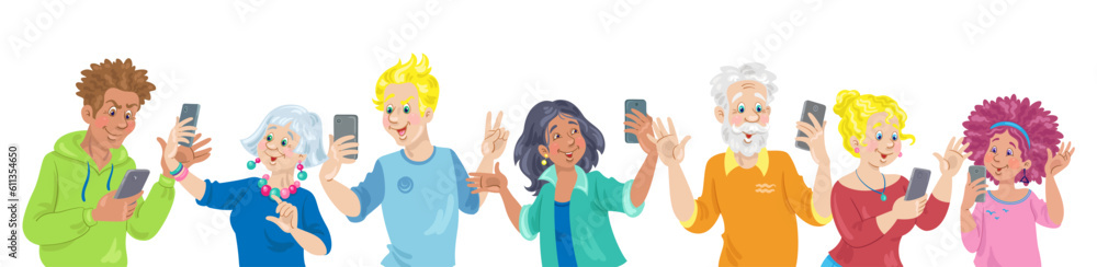 Group of people of different ages and nationalities with smartphones in their hands. They take selfies, talk, use the Internet. Banner in cartoon style. Isolated on white. Vector illustration Group of people of different ages and nationalities with smartphones in their hands. They take selfies, talk, use the Internet. Banner in cartoon style. Isolated on white. Vector illustration