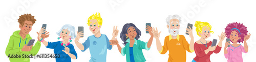 Group of people of different ages and nationalities with smartphones in their hands. They take selfies, talk, use the Internet. Banner in cartoon style. Isolated on white. Vector illustration