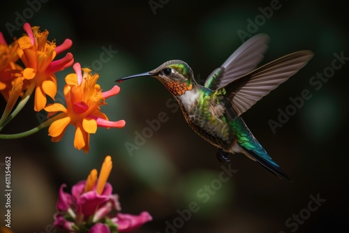 hummingbird hovering while feeding from colorful flower, created with generative ai