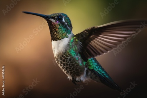 hummingbird, fluttering its wings, in close-up shot, created with generative ai