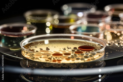 microbial culture growing in petri dish with droplets of water, created with generative ai