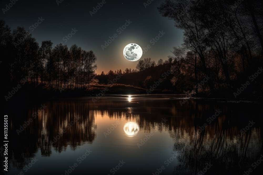 a full moon, shining over a calm lake, created with generative ai a full moon, shining over a calm lake, created with generative ai