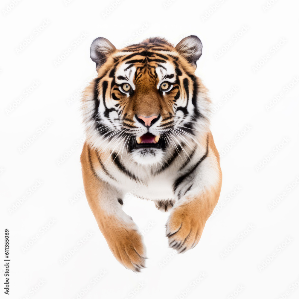 portrait of tiger frontal view while jumping isolated on white.