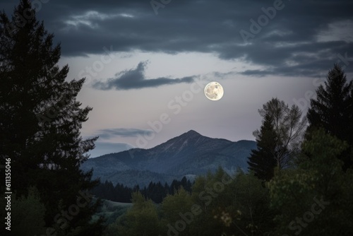 a full moon rising over a mountain range, with trees and clouds in the background, created with generative ai © Alfazet Chronicles