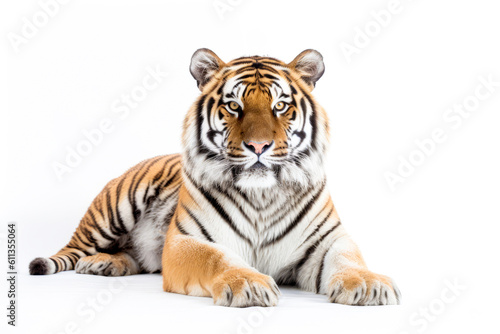portrait of tiger front view sitting isolated on white
