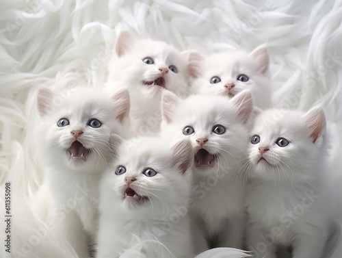squadra di amici a quattro zampe, gruppo di cuccioli bianchi di gatto , in riga in posa, atmosfera dolce concetto di amicizia, creato con intelligenza artificiale  photo