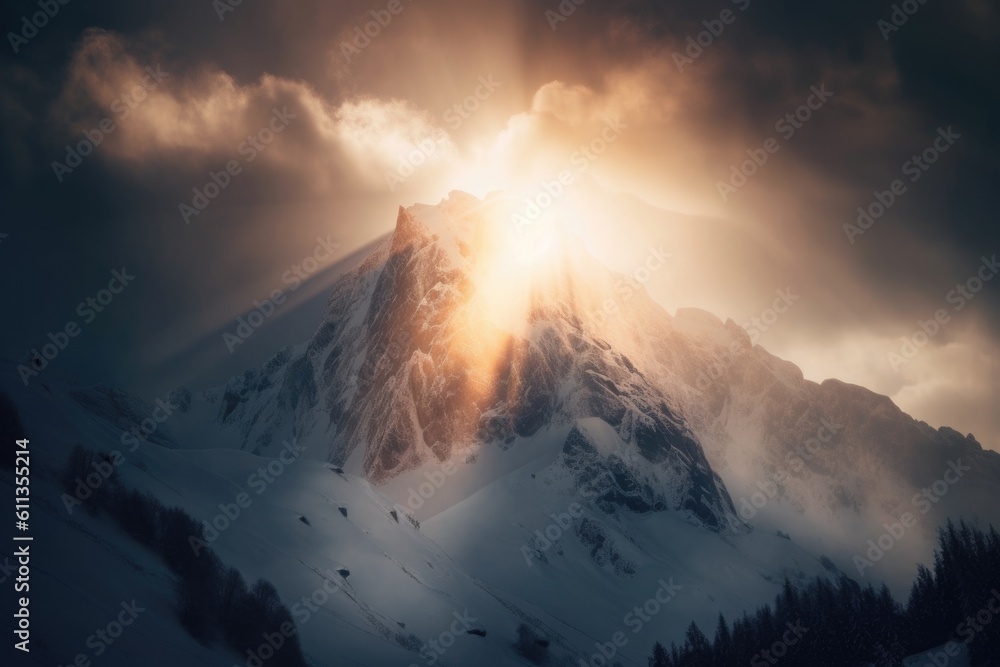 appealing view of snowy mountain peak, with the sun shining through the clouds, created with generative ai appealing view of snowy mountain peak, with the sun shining through the clouds, created with generative ai