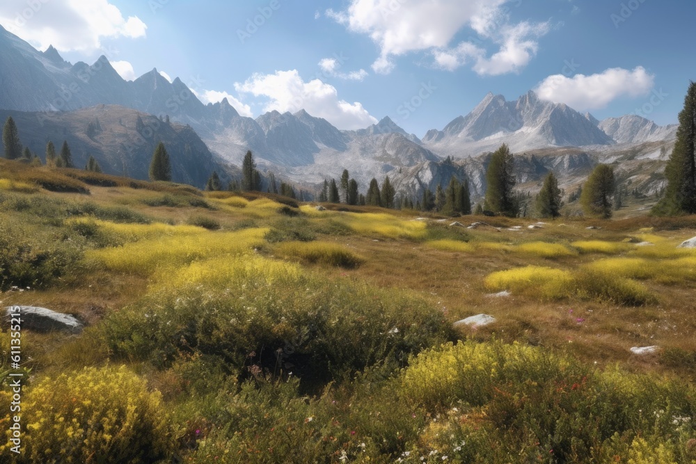 alpine meadow, with view of distant peaks and blue sky, created with generative ai