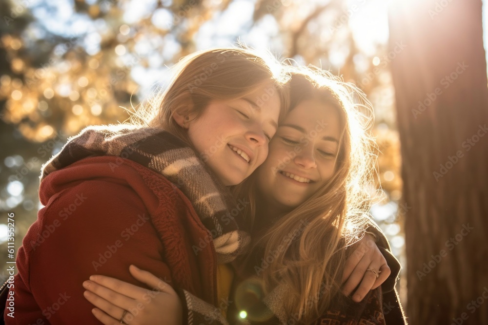 A portrait of a pretty woman and her girlfriend, both smiling and happy, surrounded by beauty of nature. Concept of Love and happiness. Generative AI A portrait of a pretty woman and her girlfriend, both smiling and happy, surrounded by beauty of nature. Concept of Love and happiness. Generative AI