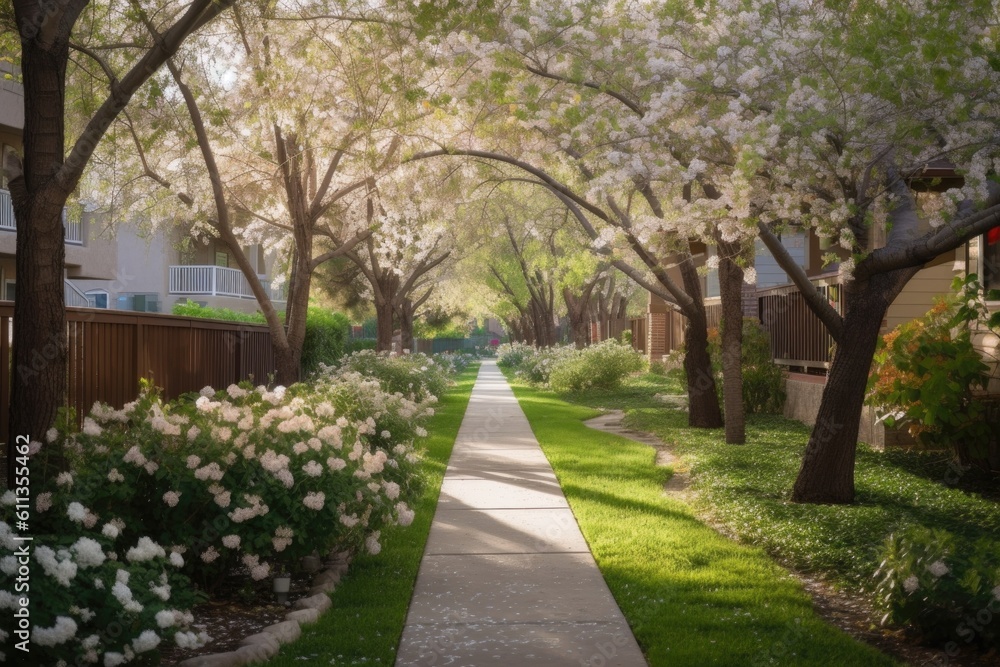 walkway dotted with blooming flowers and shady trees in residential neighborhood, created with generative ai walkway dotted with blooming flowers and shady trees in residential neighborhood, created with generative ai