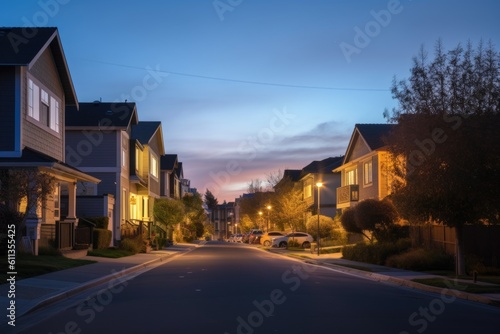 view of quiet residential neighborhood at dusk, with warm evening light and clear sky visible, created with generative ai