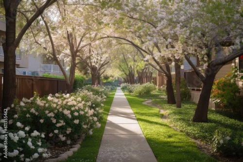 walkway dotted with blooming flowers and shady trees in residential neighborhood, created with generative ai