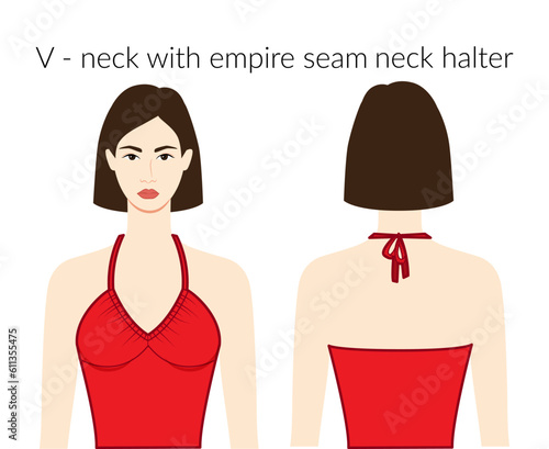 V - neckline with empire seam neck halter clothes character beautiful lady in red top, shirt, dress technical fashion illustration with fitted body. Flat apparel template. Women, men unisex