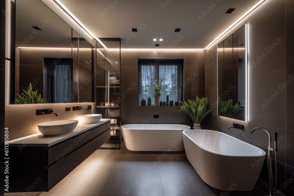 a sleek and modern bathroom, with led lighting that highlights the unique features of the space, created with generative ai a sleek and modern bathroom, with led lighting that highlights the unique features of the space, created with generative ai
