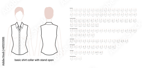Set of necklines clothes - collars, plackets, knits, sweaters, tops, strapless, turtlenecks, tank, halter technical fashion illustration. Flat apparel template front, back sides. Women, men CAD mockup