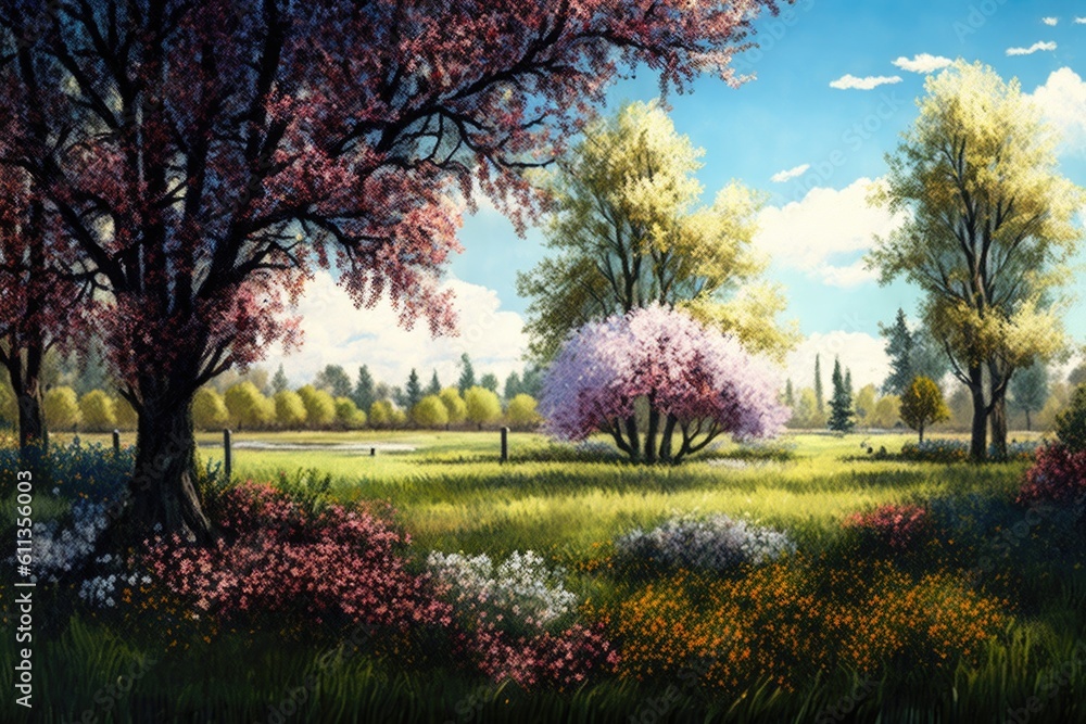 meadow, with blooming trees and flowers in the foreground, created with generative ai meadow, with blooming trees and flowers in the foreground, created with generative ai