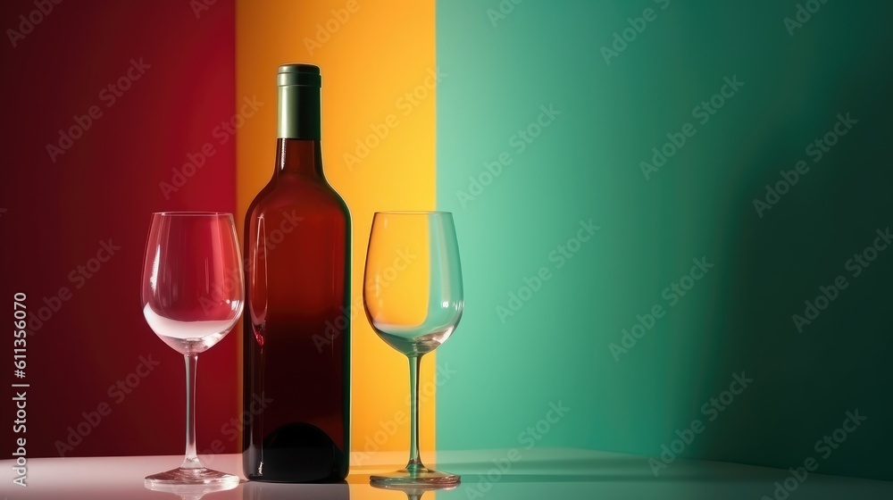 Bottle of wine with glass on colorful background