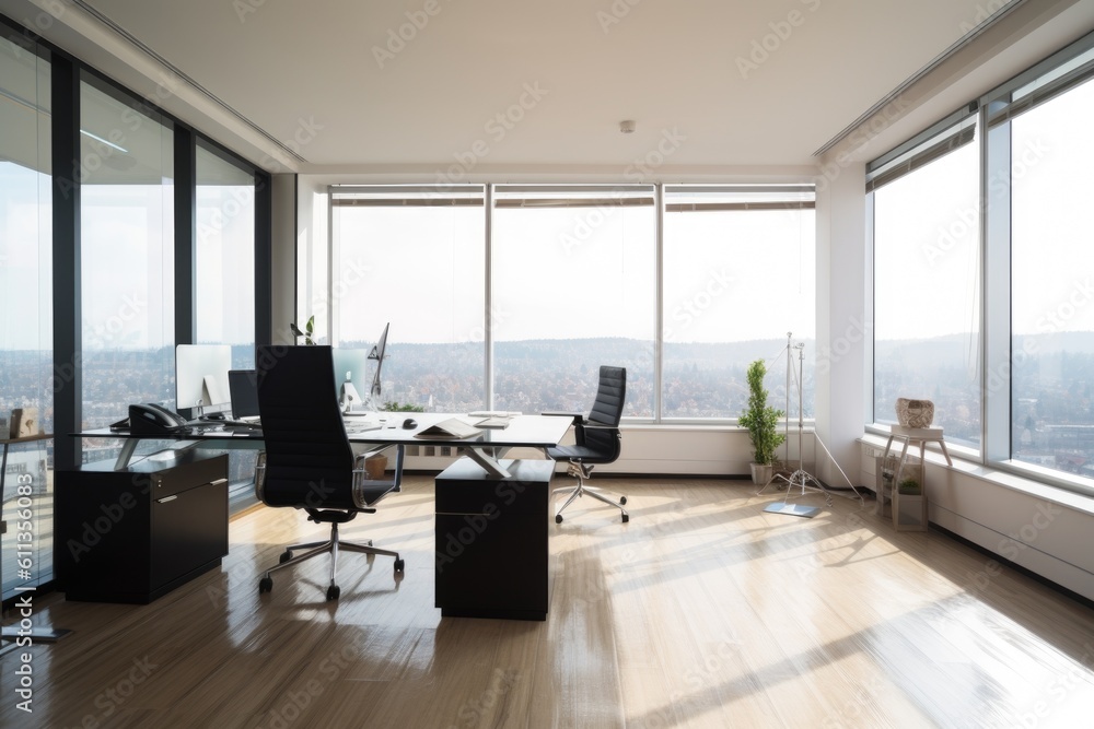 decluttered office, with clear view of the surrounding environment and modern furniture, created with generative ai decluttered office, with clear view of the surrounding environment and modern furniture, created with generative ai
