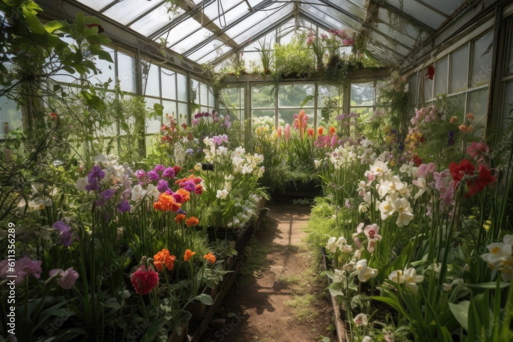 a greenhouse filled with blooming orchids, their delicate flowers and leaves in full view, created with generative ai