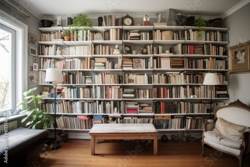 tidily arranged bookshelves in a beautiful room, created with generative ai photo