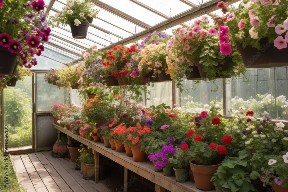 greenhouse with hanging baskets of blooming flowers, created with generative ai