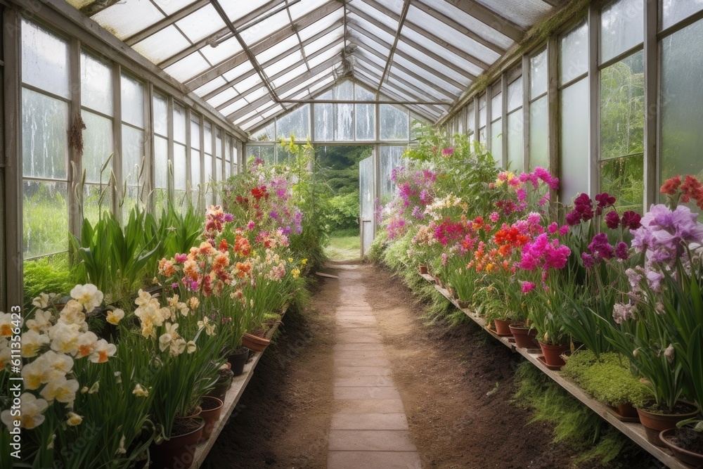 greenhouse with row of blooming orchids, created with generative ai