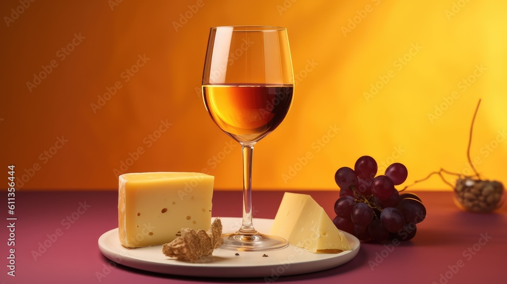Glass of wine with cheese and grapes near-by