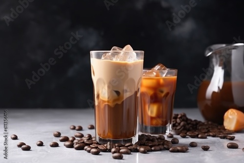 classic iced coffee, with creamy foam and sweetener, on simple white background, created with generative ai