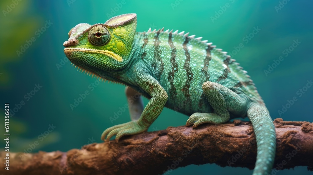 Fototapeta premium A green colored chameleon in nature. Generative Ai
