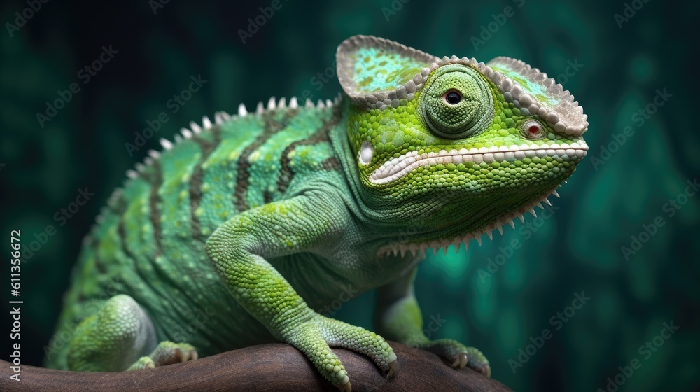 Fototapeta premium A green colored chameleon in nature. Generative Ai