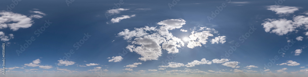 seamless cloudy blue sky hdri 360 panorama view with zenith and beautiful clouds for use in 3d graphics as sky dome replacement or edit drone shot