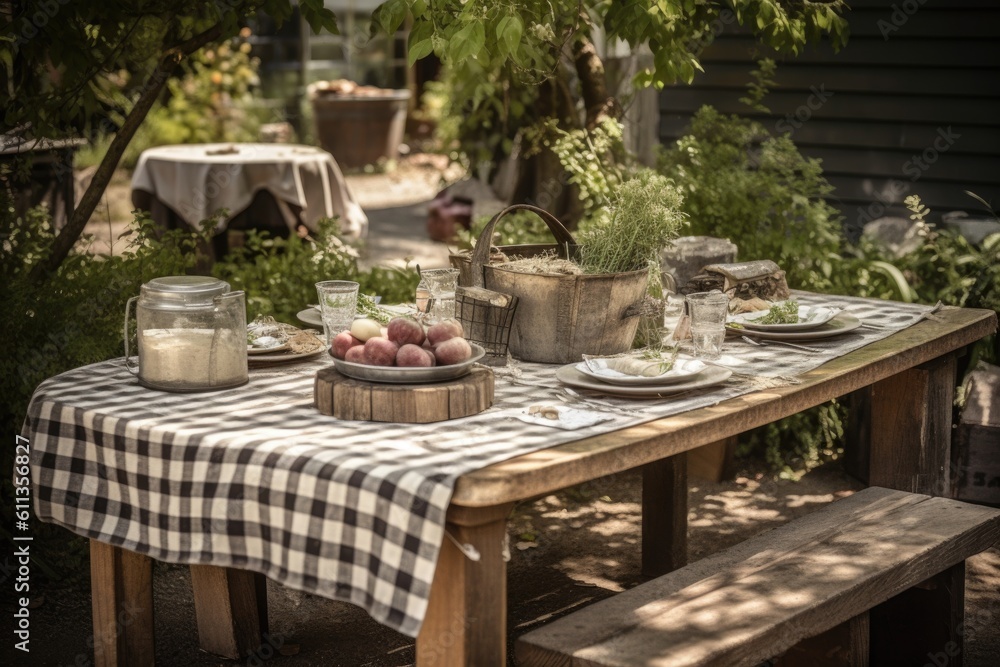 Fototapeta premium rustic outdoor table setting with checkered cloth, plates, and silverware, created with generative ai