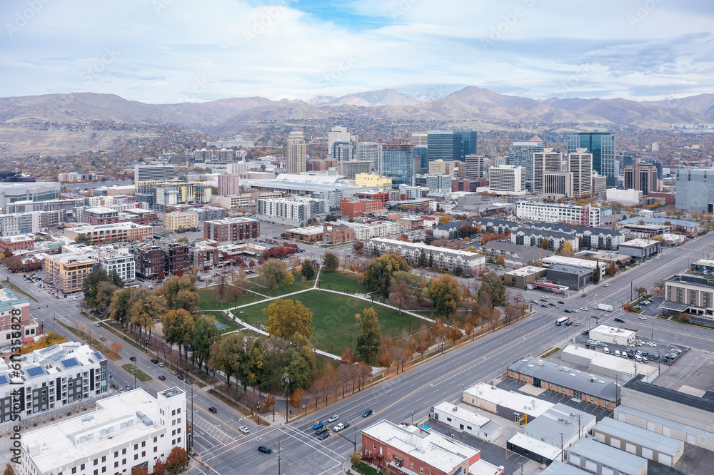 Aerial view of Pioneer Park in Salt Lake City, Utah, United States