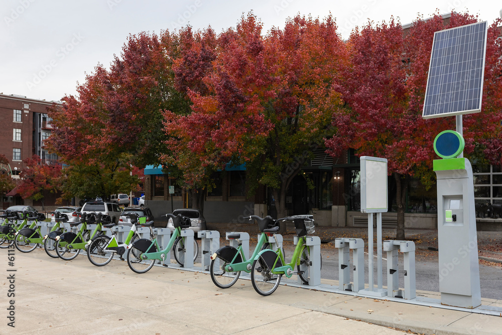 Fototapeta premium Electric bicycles near Pioneer Park in Salt Lake City, Utah, USA