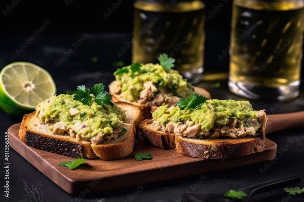 Avocado toast with tuna and parsley. Generative AI