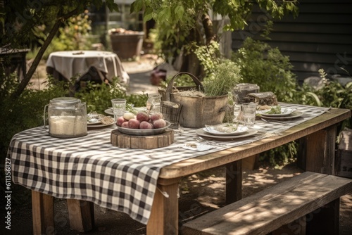 rustic outdoor table setting with checkered cloth, plates, and silverware, created with generative ai