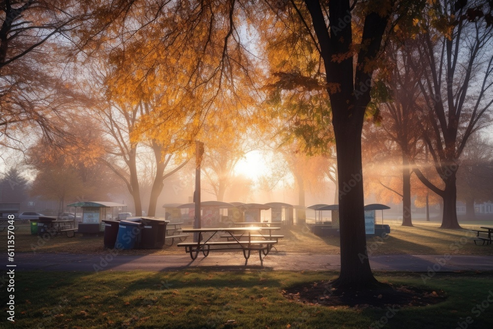 Fototapeta premium morning sunrise over park with food stands, benches and trees in the background, created with generative ai