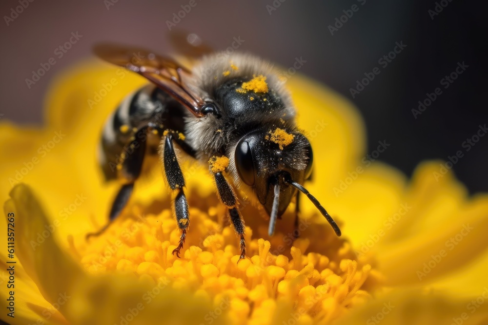 close-up of pollen-covered bee on yellow flower, created with generative ai close-up of pollen-covered bee on yellow flower, created with generative ai