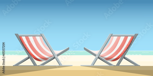 Couple sun loungers on sand beach, Vector illustration.